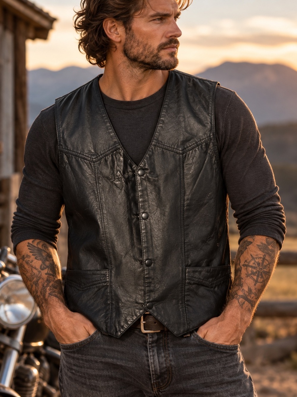 Vintage Hudson Leather XXL Black Genuine Leather Biker Western Moto Vest